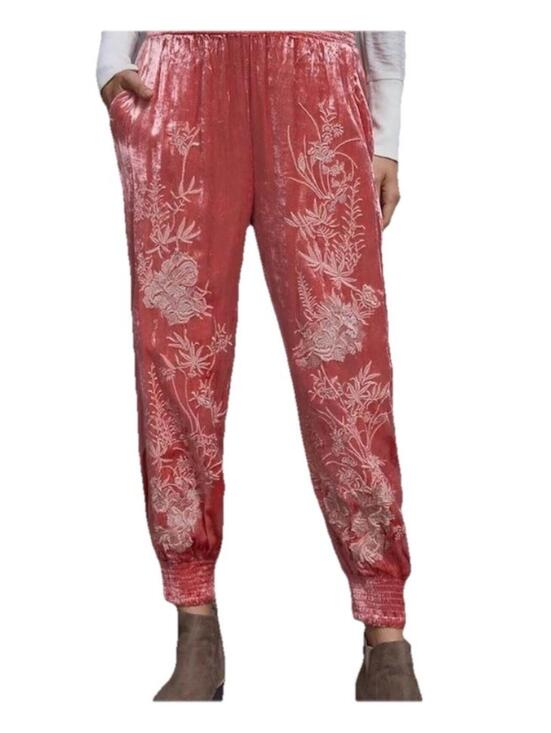 Anthropologie Pants - Anthropologie Rosie Embroidered Crushed Velvet Joggers Sz small boho PINK pants